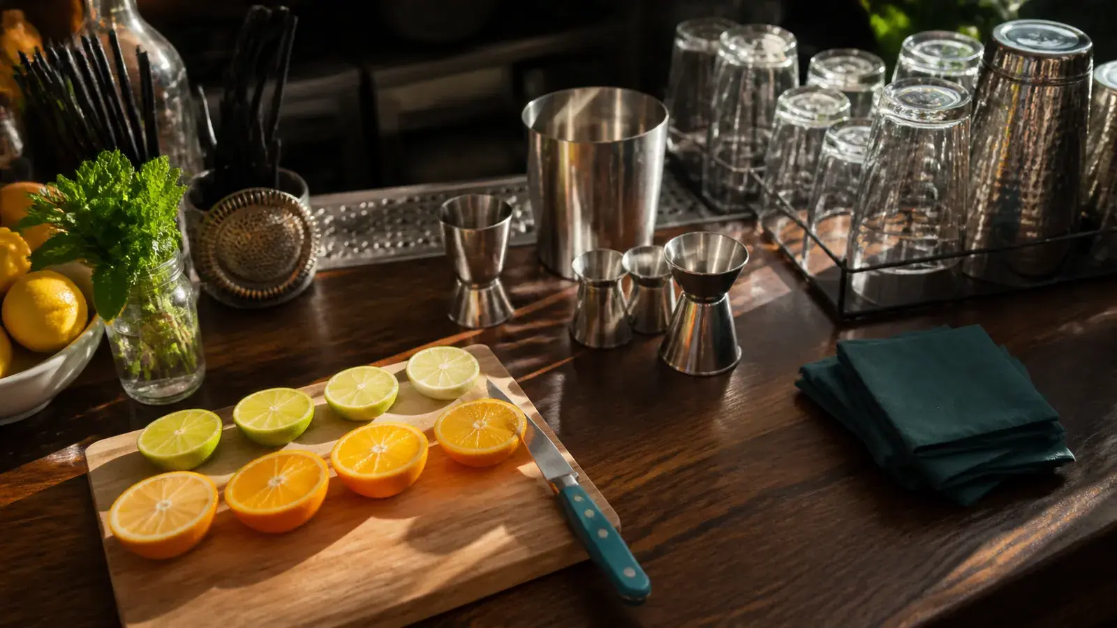 Overhead of a prepped bar with cut citrus, jiggers and a teal-handled knife in clean morning light