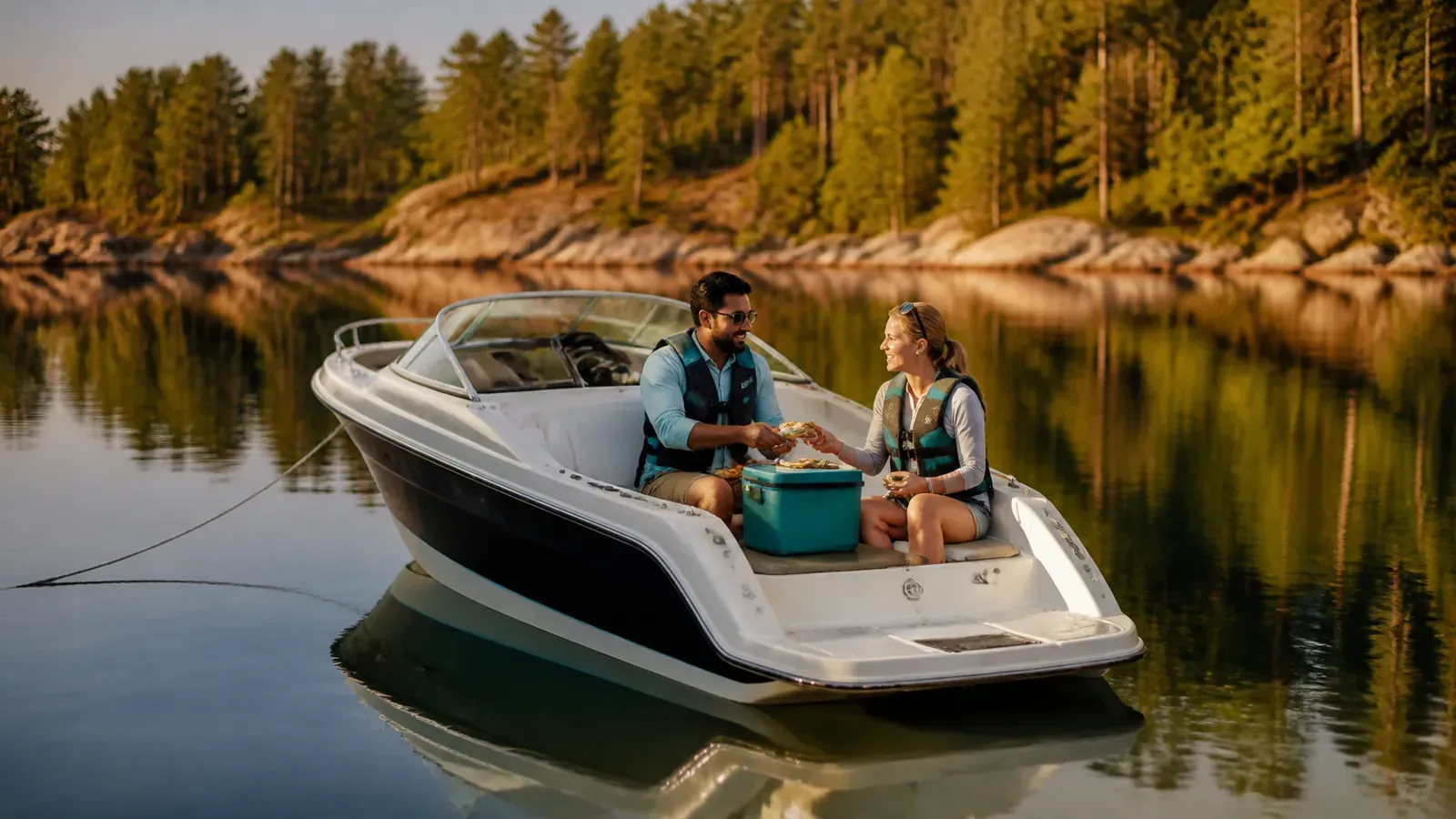 Two friends in life jackets share sandwiches from a teal cooler on an anchored boat in a golden cove