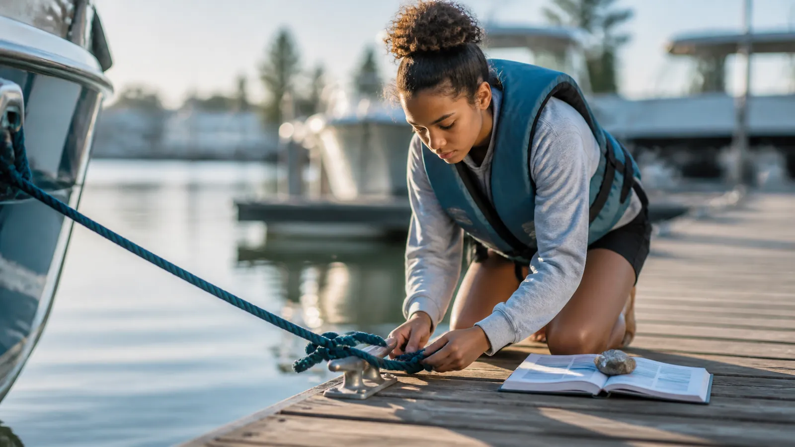 Teen in a life jacket practices a hitch with teal rope at a dock cleat, an unreadable workbook open beside her