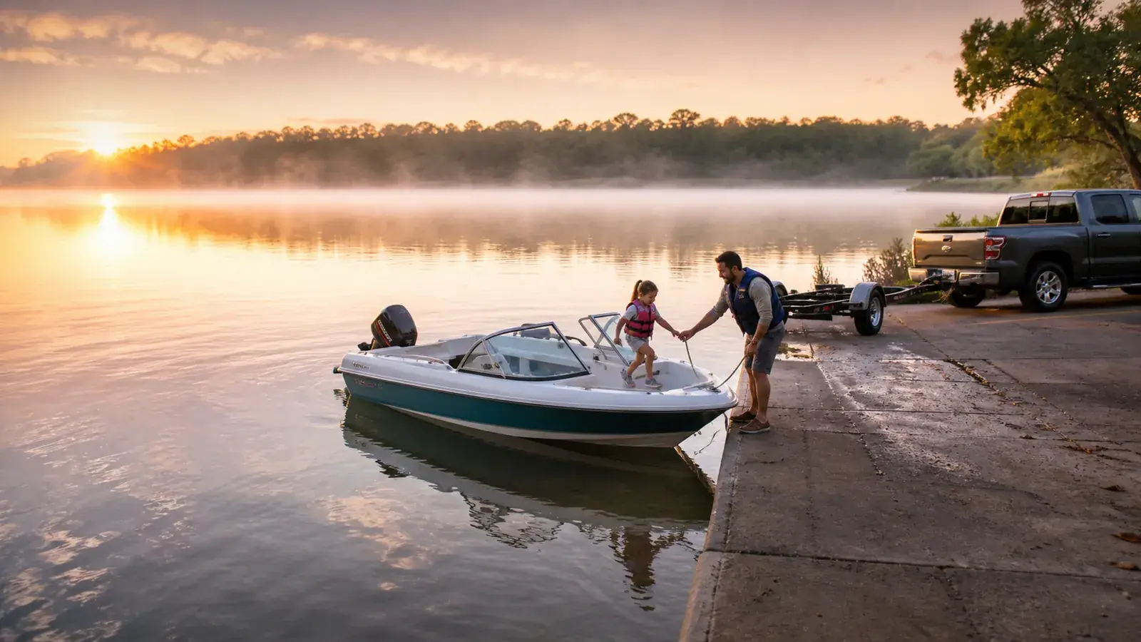 Father and daughter in life jackets float a boat off its trailer at a misty sunrise ramp, teal bow line in hand