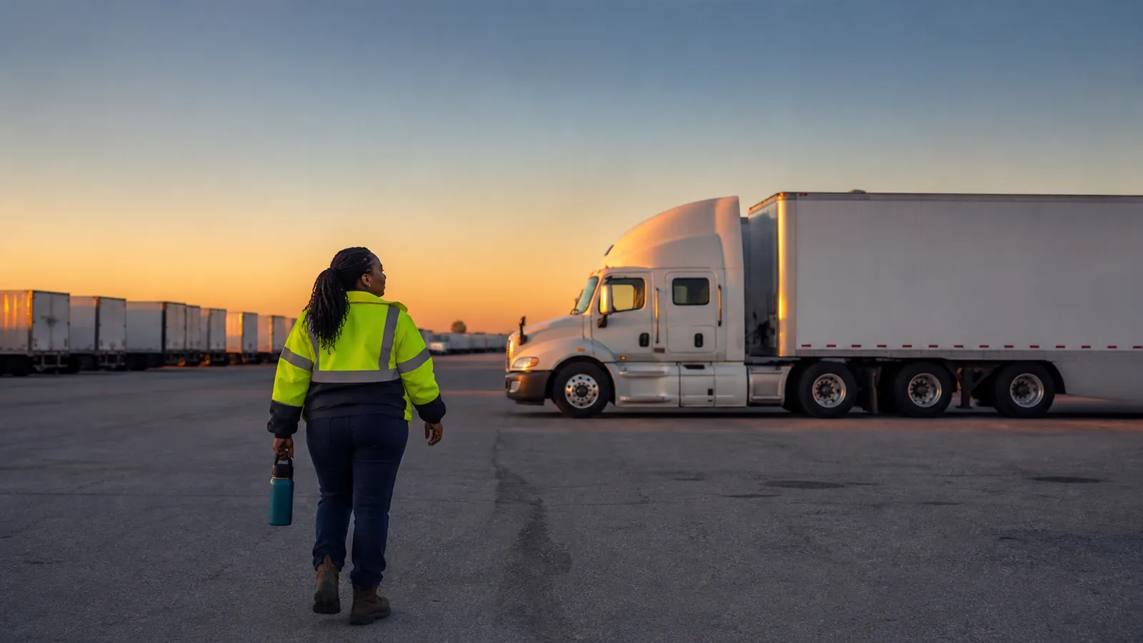Driver in hi-vis with a teal thermos walks across dawn asphalt toward a clean white semi