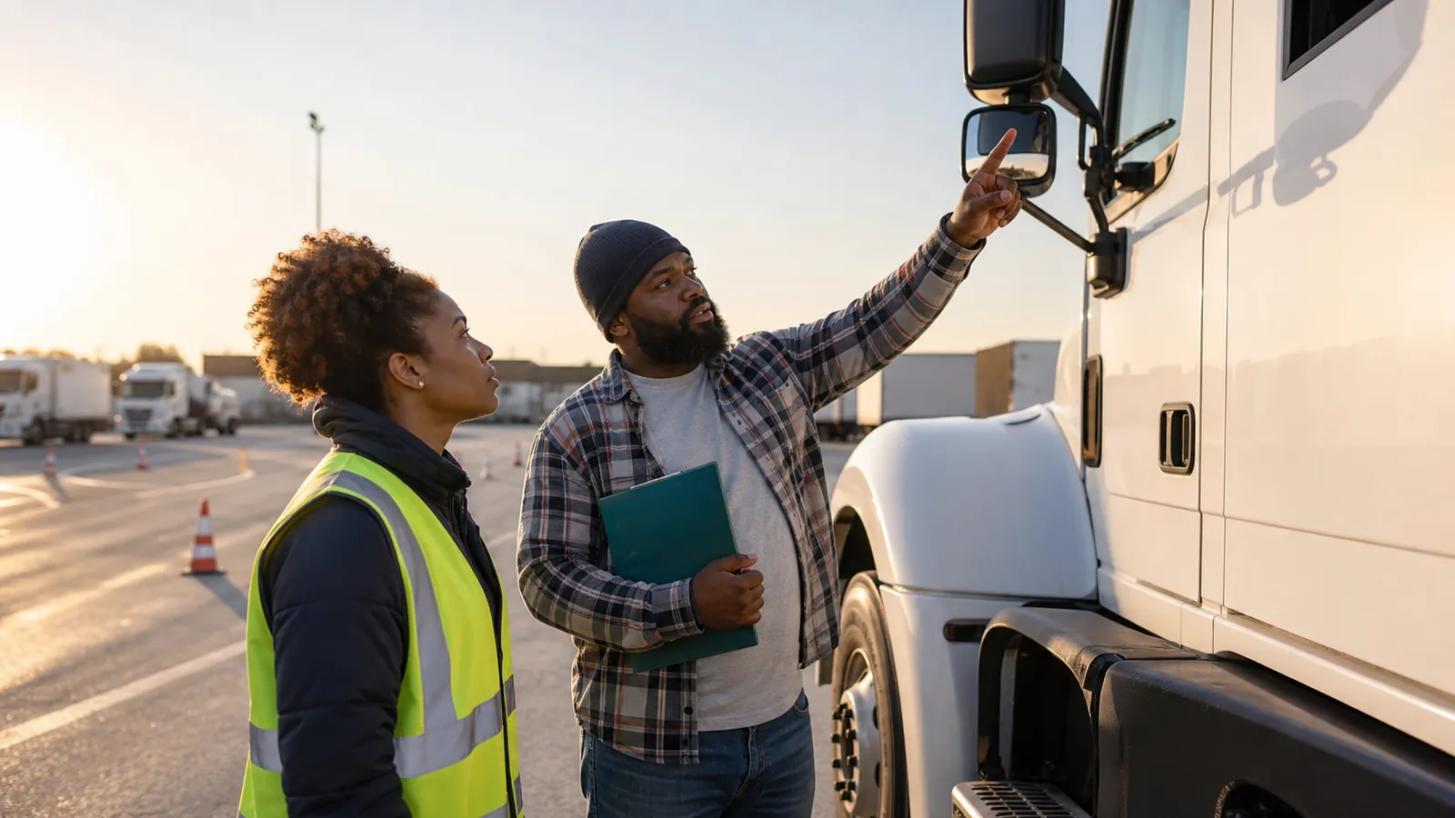 Student driver and instructor with a teal clipboard beside a clean white semi cab on a sunlit training yard