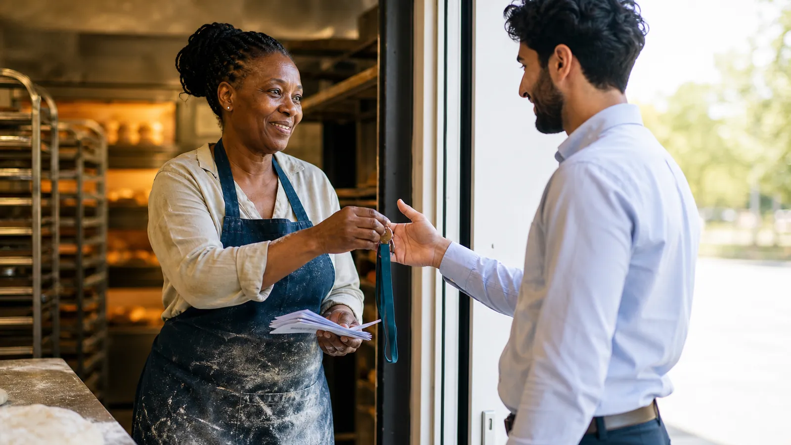 Bakery manager hands a locker key on a teal lanyard to a new hire at a bright kitchen doorway