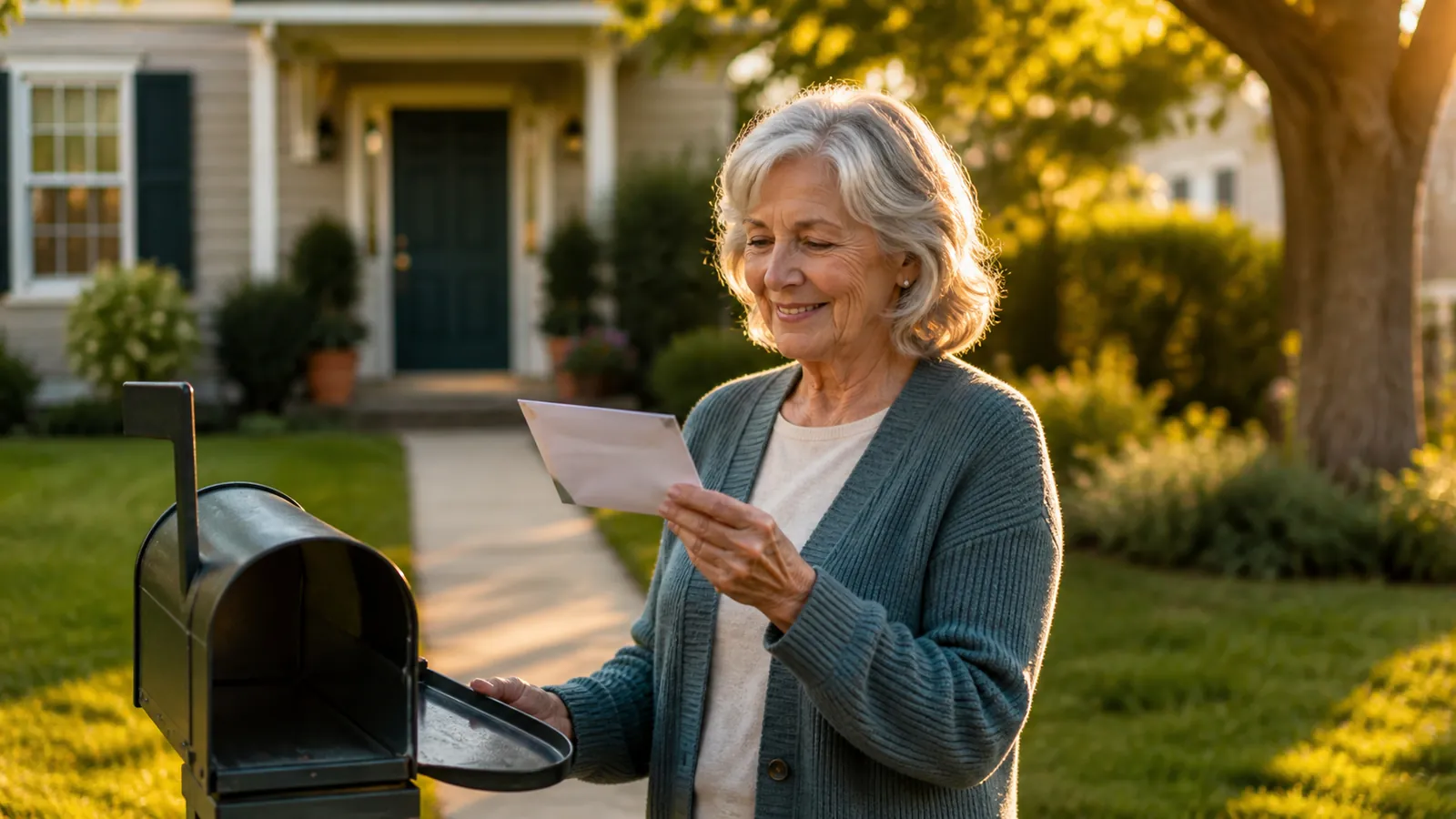 Woman at a curbside mailbox holds a stiff unreadable envelope, a teal front door glowing behind her
