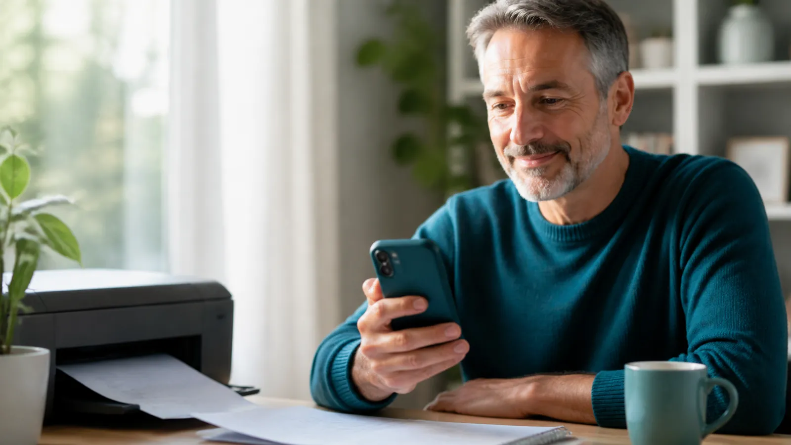 Man with a teal phone case checks a glowing screen as a desktop printer ejects an unreadable page