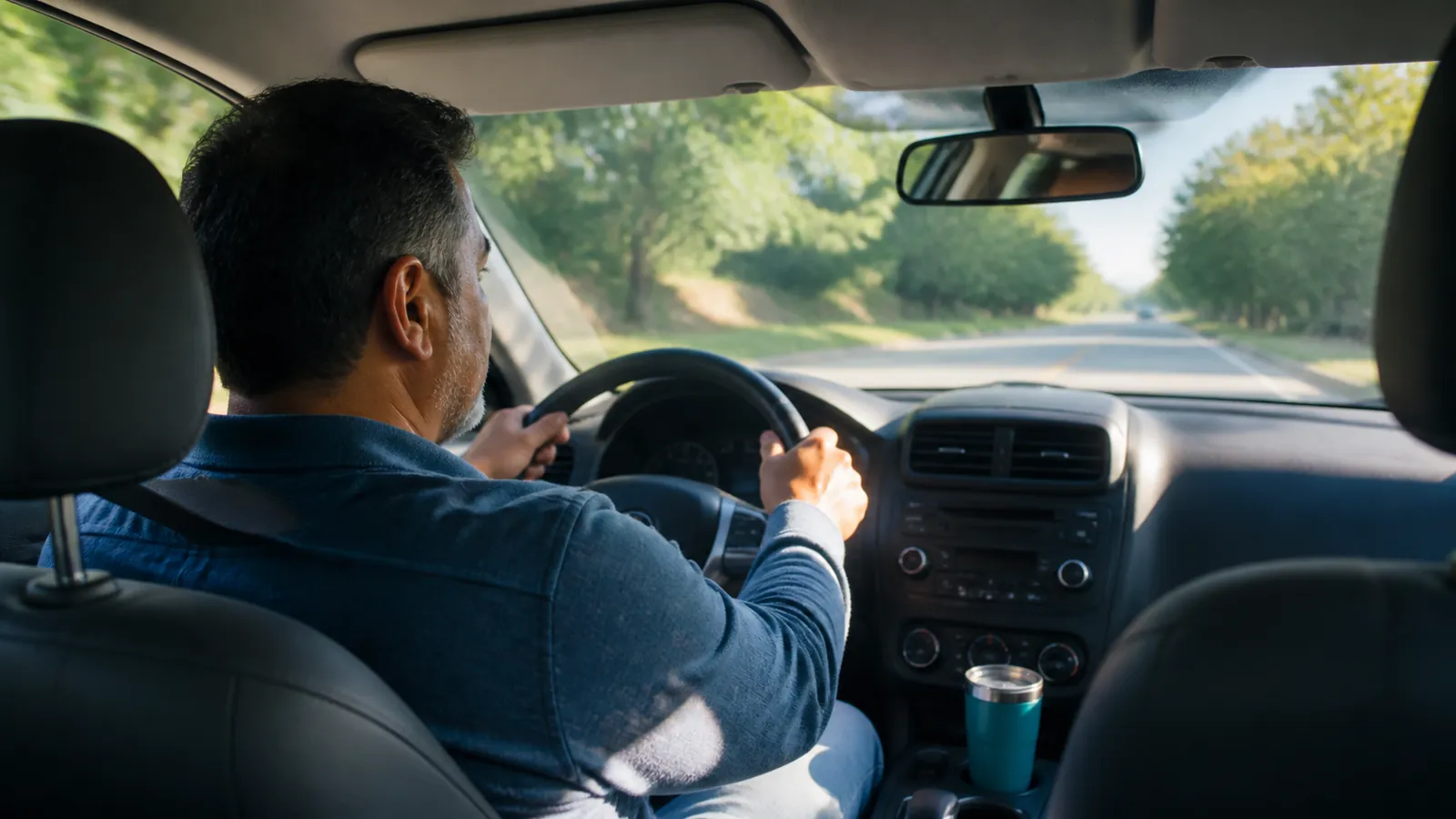 Relaxed man drives an open morning road, seatbelt on, a teal travel mug in the console