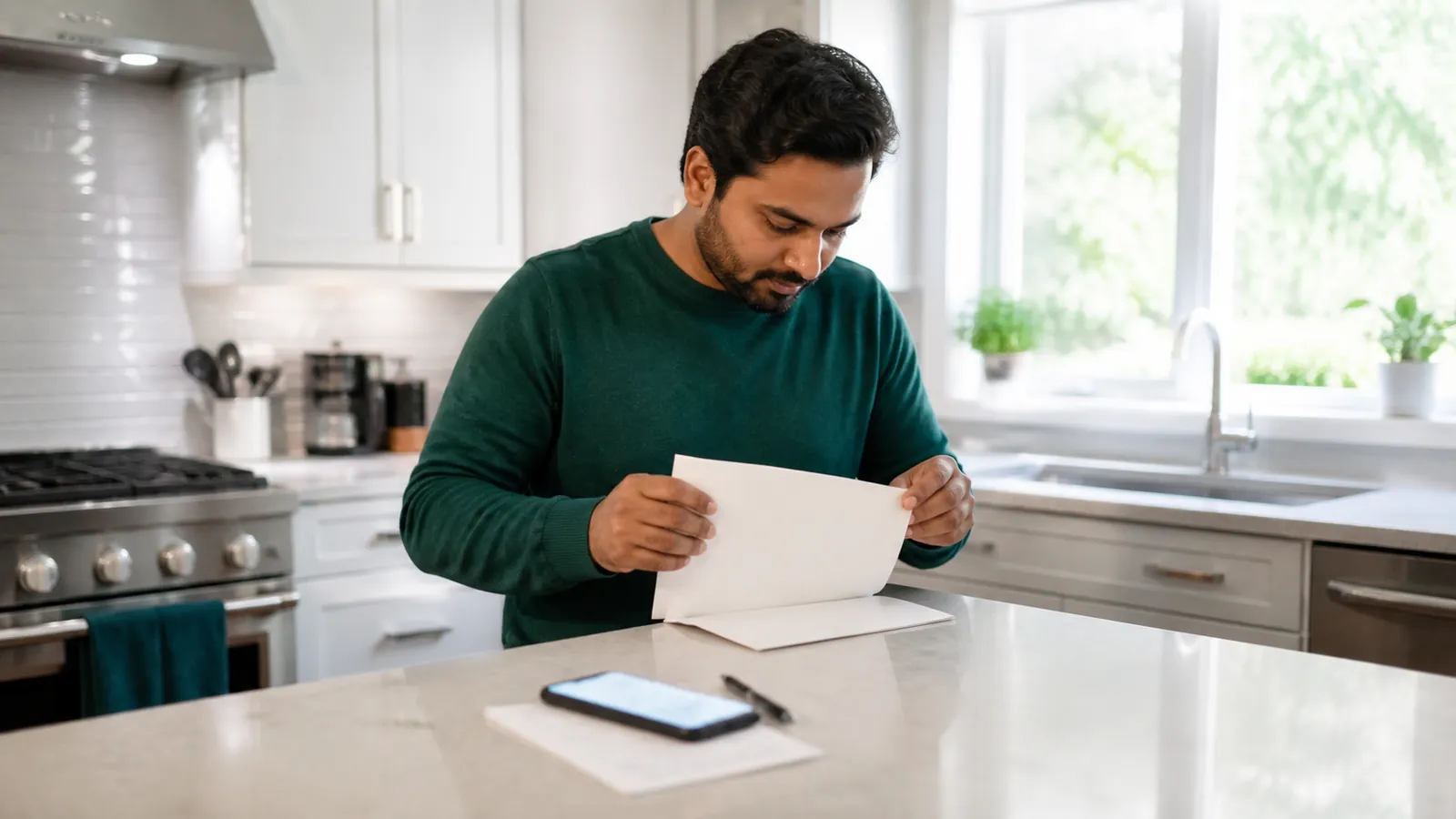 Man aligns an unreadable page with an envelope on a bright counter, teal tea towel hanging nearby