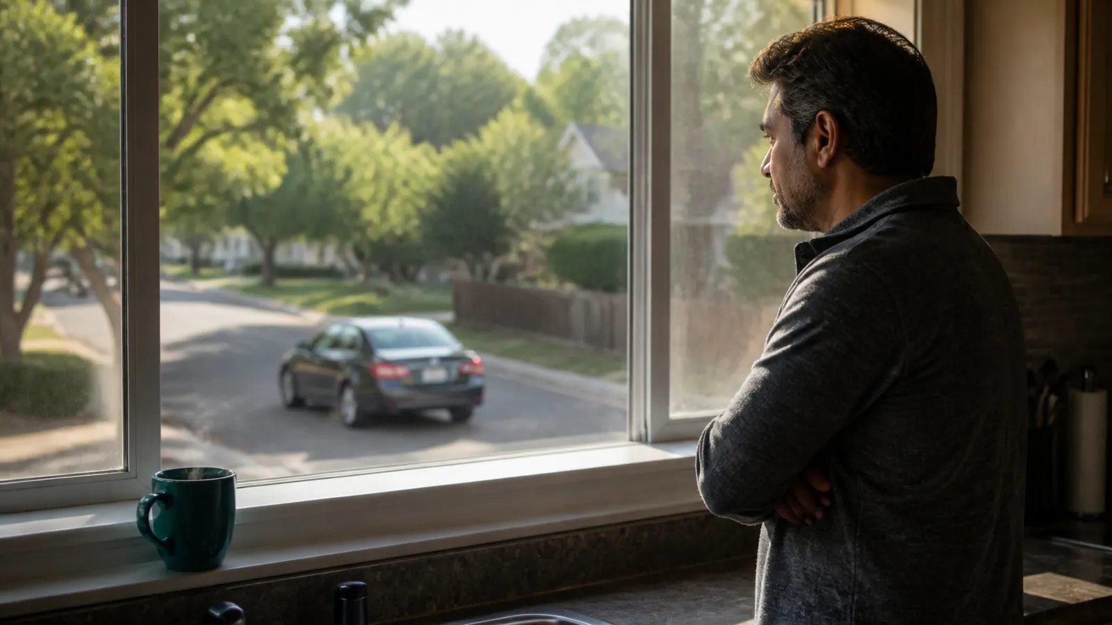 Father watches from a kitchen window past a steaming teal mug as his teen drives away alone