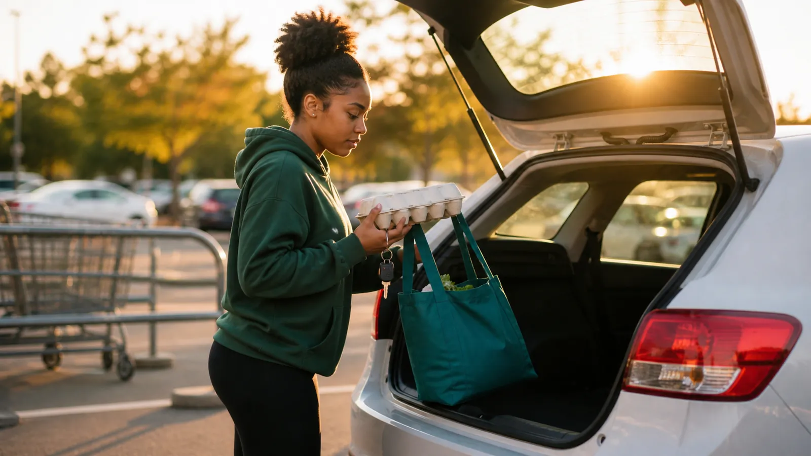 Teen loads a teal grocery bag into a hatchback in a golden parking lot, keys hooked on one finger