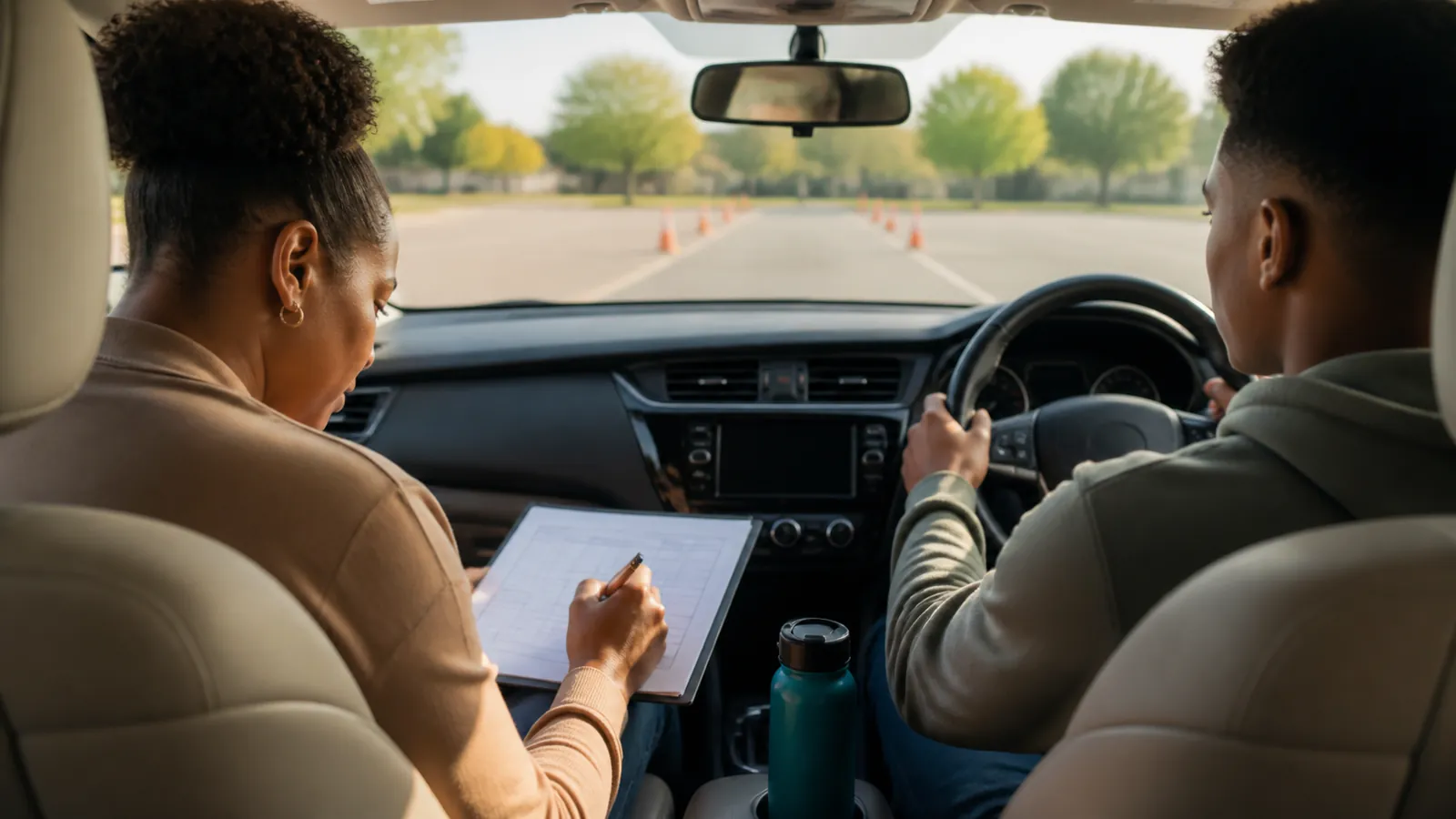 Mother marks an unreadable practice log beside her teen son at the wheel on a sunny cone-lined parking lot