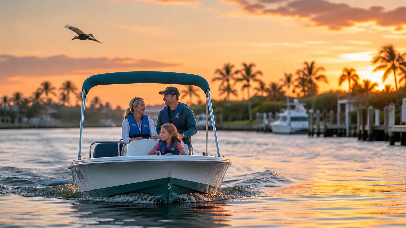 Family in life jackets rides a teal-topped boat home along a Florida channel at sunset