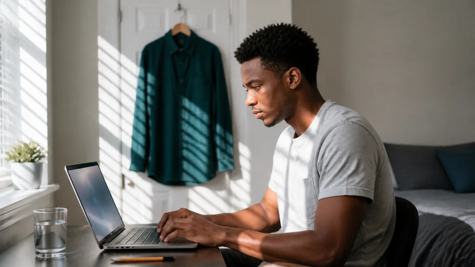 Young man takes an exam at a glowing laptop in a small bedroom, a pressed teal work shirt hanging behind him