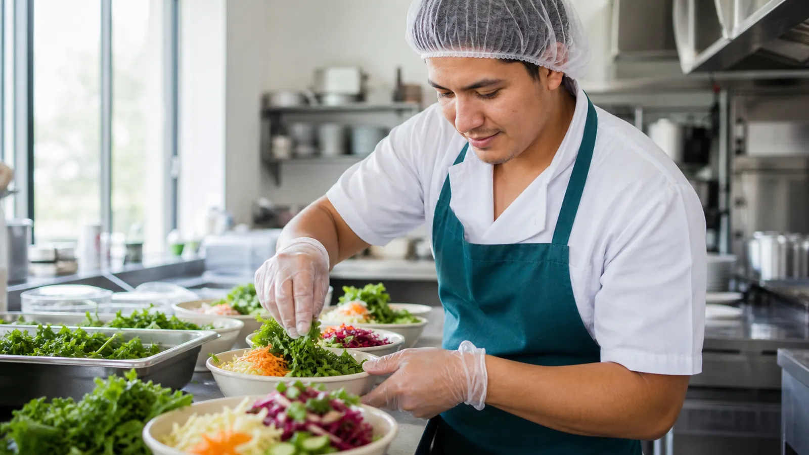 Young food worker in gloves and a teal-trimmed apron plating fresh salads in a bright kitchen