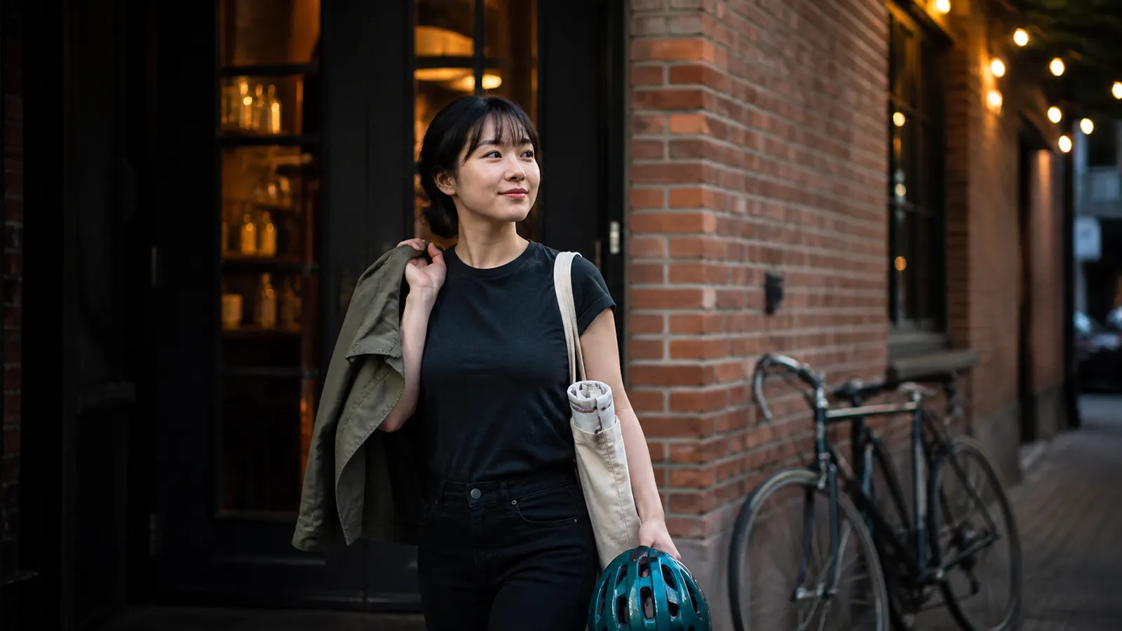 Young woman leaves a restaurant staff door at dusk carrying a teal bike helmet, bike against the brick