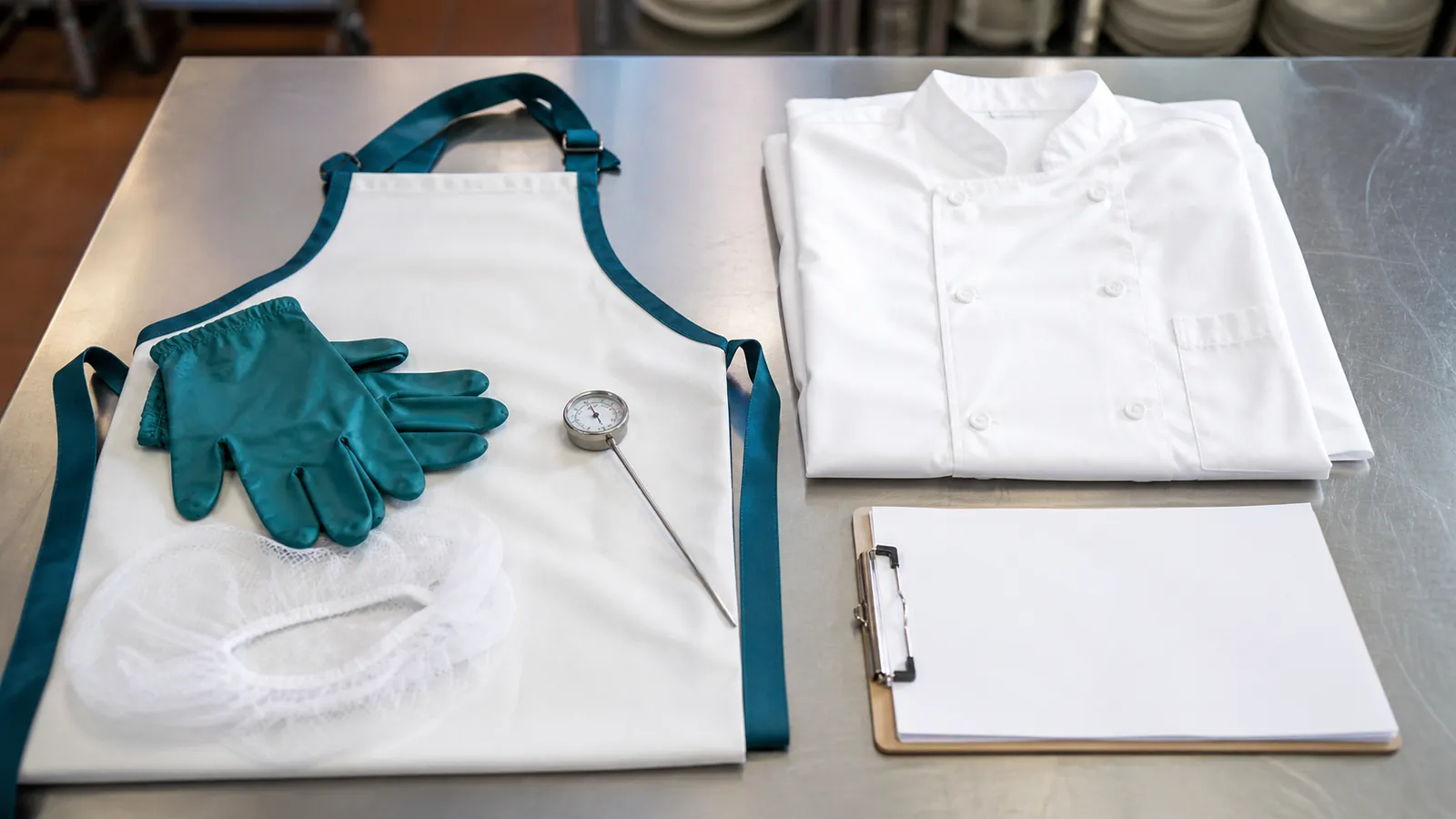 Food handler apron, gloves and thermometer beside a chef's coat and clipboard on a steel counter