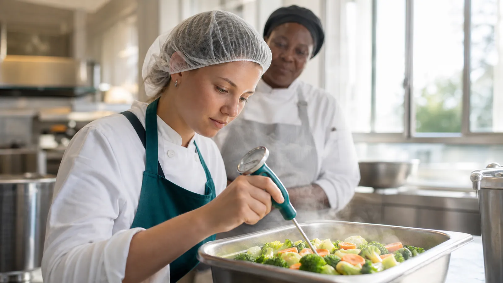 Trainee in a hairnet reads a teal-handled probe thermometer over a steaming tray while an instructor watches