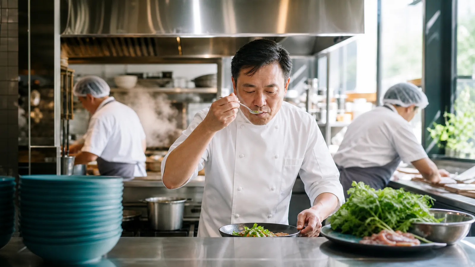 Chef manager tastes from a spoon at the pass of a busy bright kitchen, teal prep bowls in the foreground