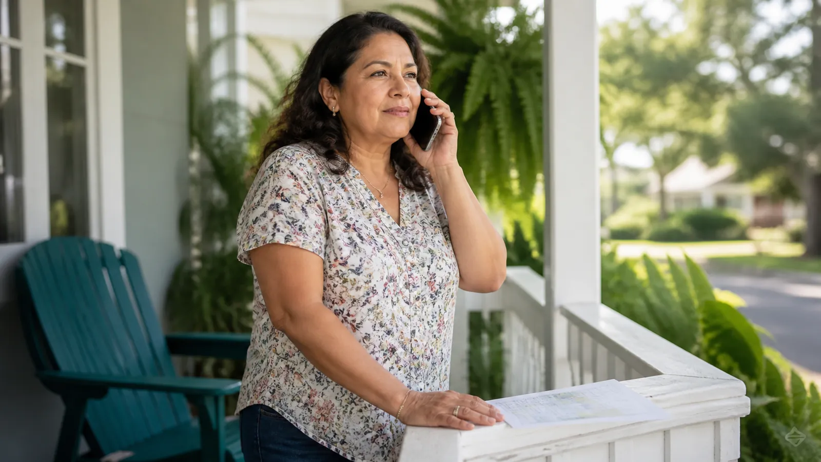 Woman on a sunny porch phones for confirmation, pressing an unreadable list to the railing beside a teal chair
