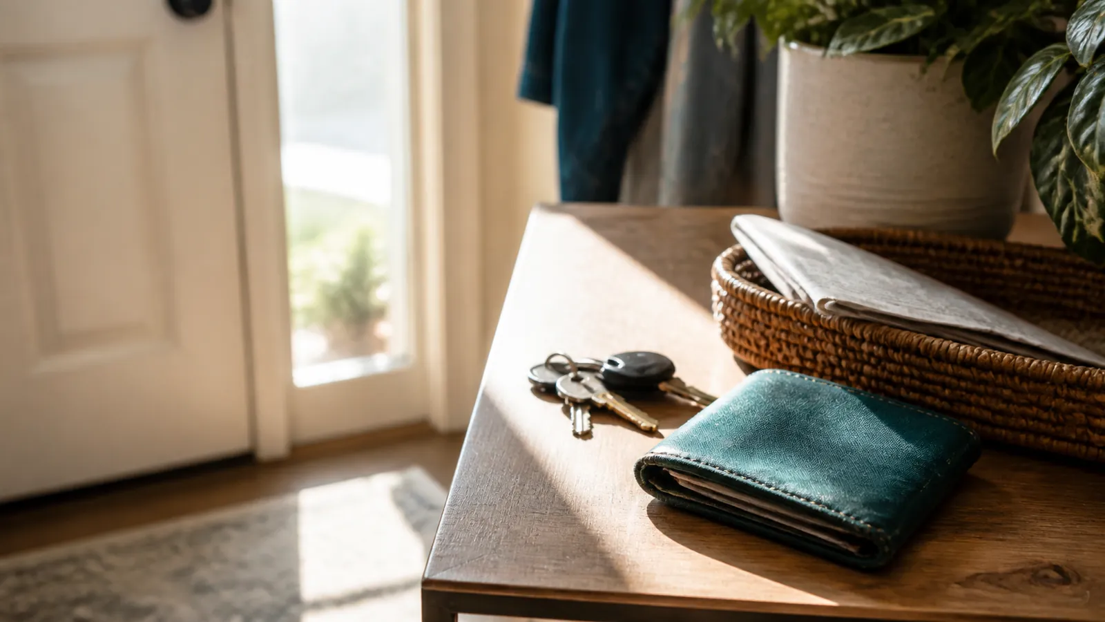 Teal canvas wallet, keys and a folded unreadable document on a sunlit entryway table