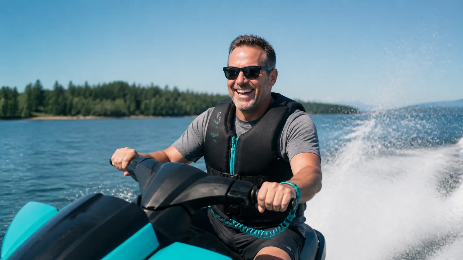 Rider in a life jacket with a teal safety lanyard steering a personal watercraft through sparkling water