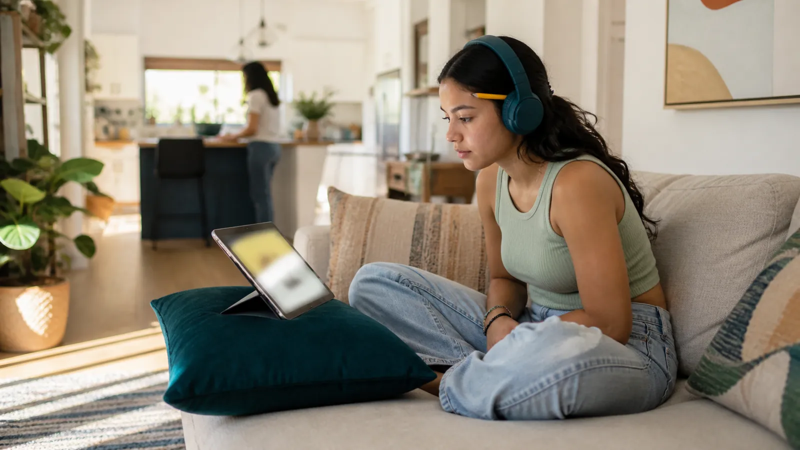 Teen in teal headphones studies a glowing tablet on a sunny sofa, parent blurred in the kitchen beyond