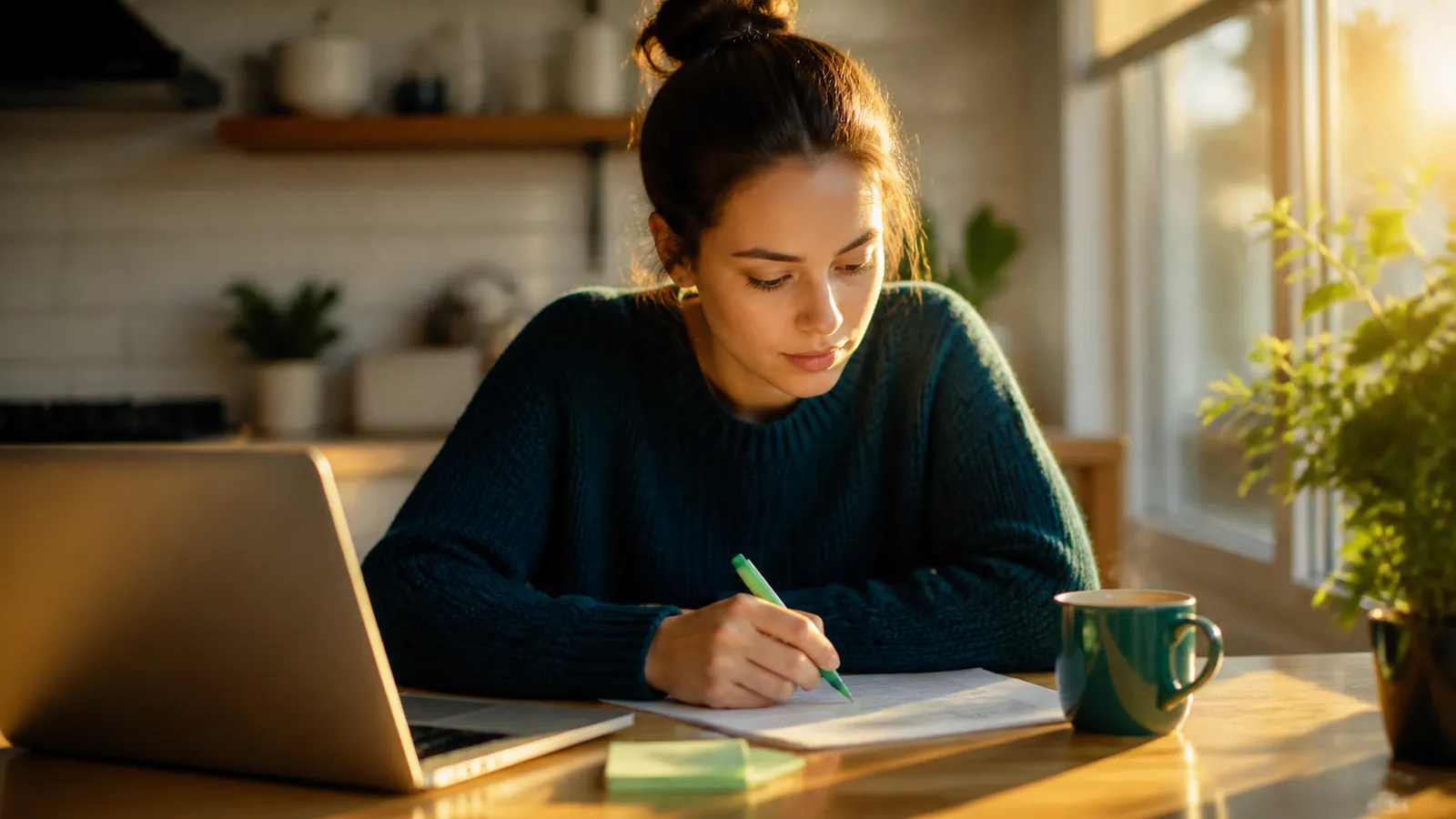 Woman studying beside a teal mug at a glowing laptop at a warm kitchen table