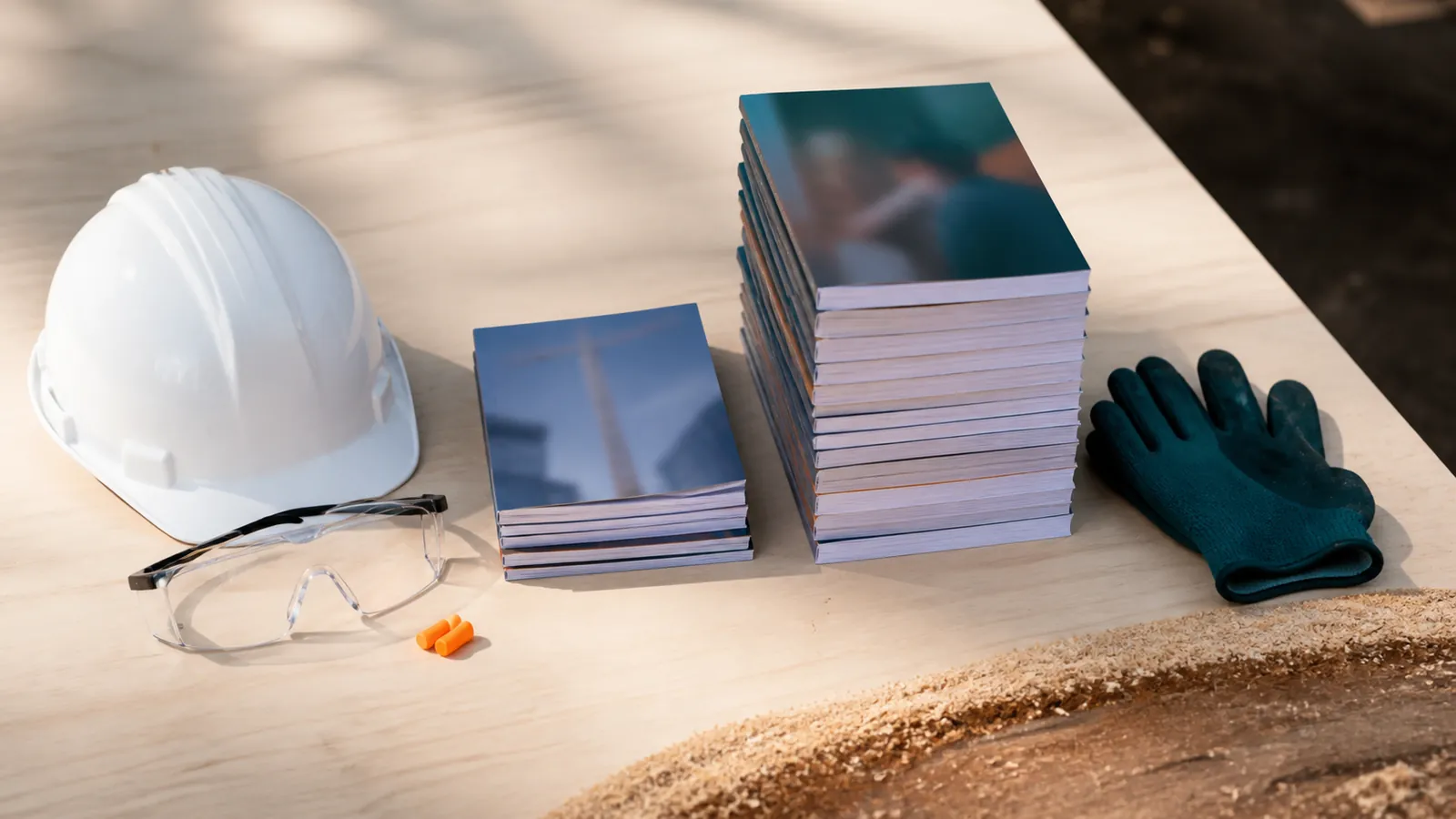 Overhead view of a slim and a tall stack of unreadable coursebooks with a hard hat and teal work gloves