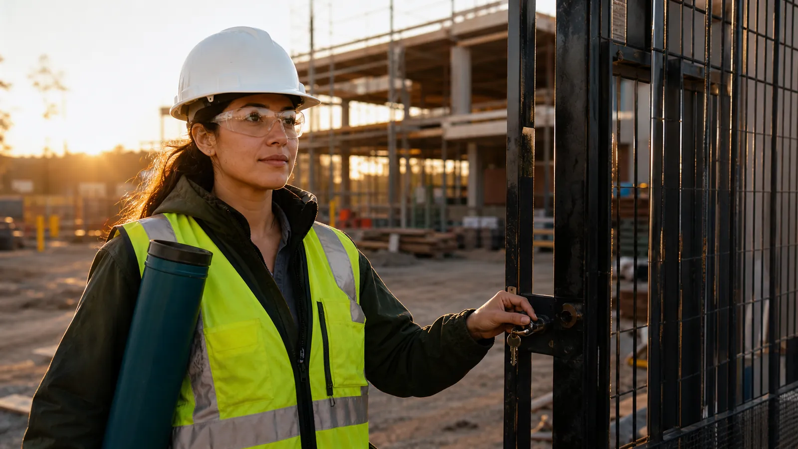 Crew lead in full PPE with a teal plan tube stands at a construction gate in golden sunrise light