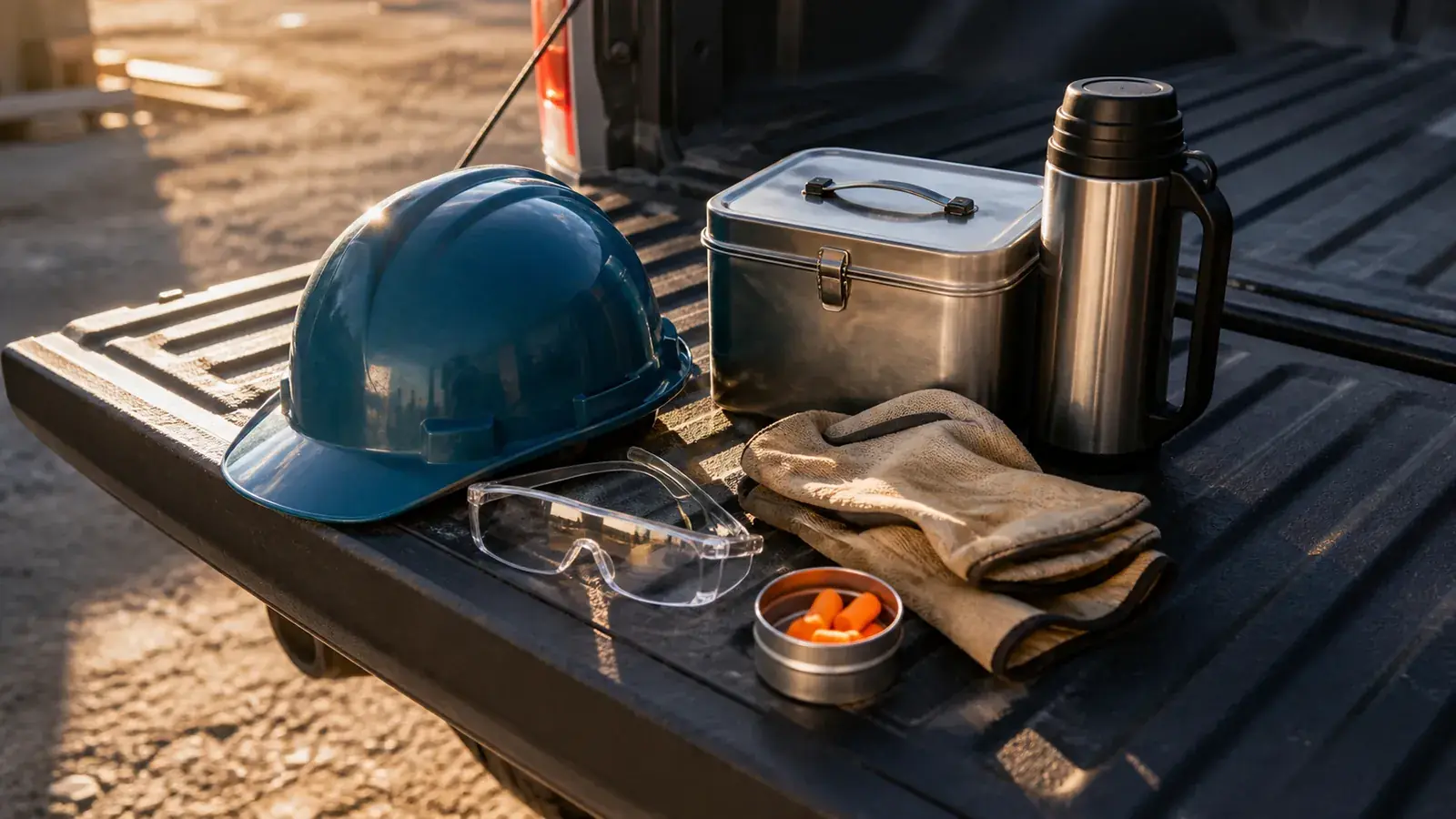 Teal hard hat, safety glasses, gloves and lunchbox laid out on a pickup tailgate at dawn
