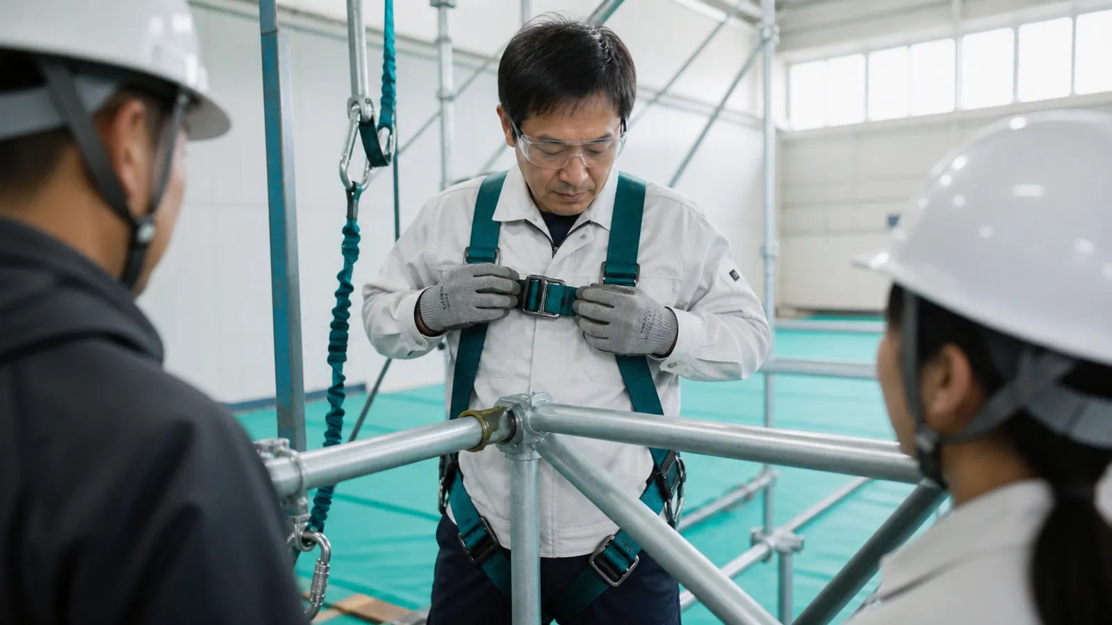 Trainee in PPE fastens a teal fall-protection harness at a low practice rig in a bright training facility