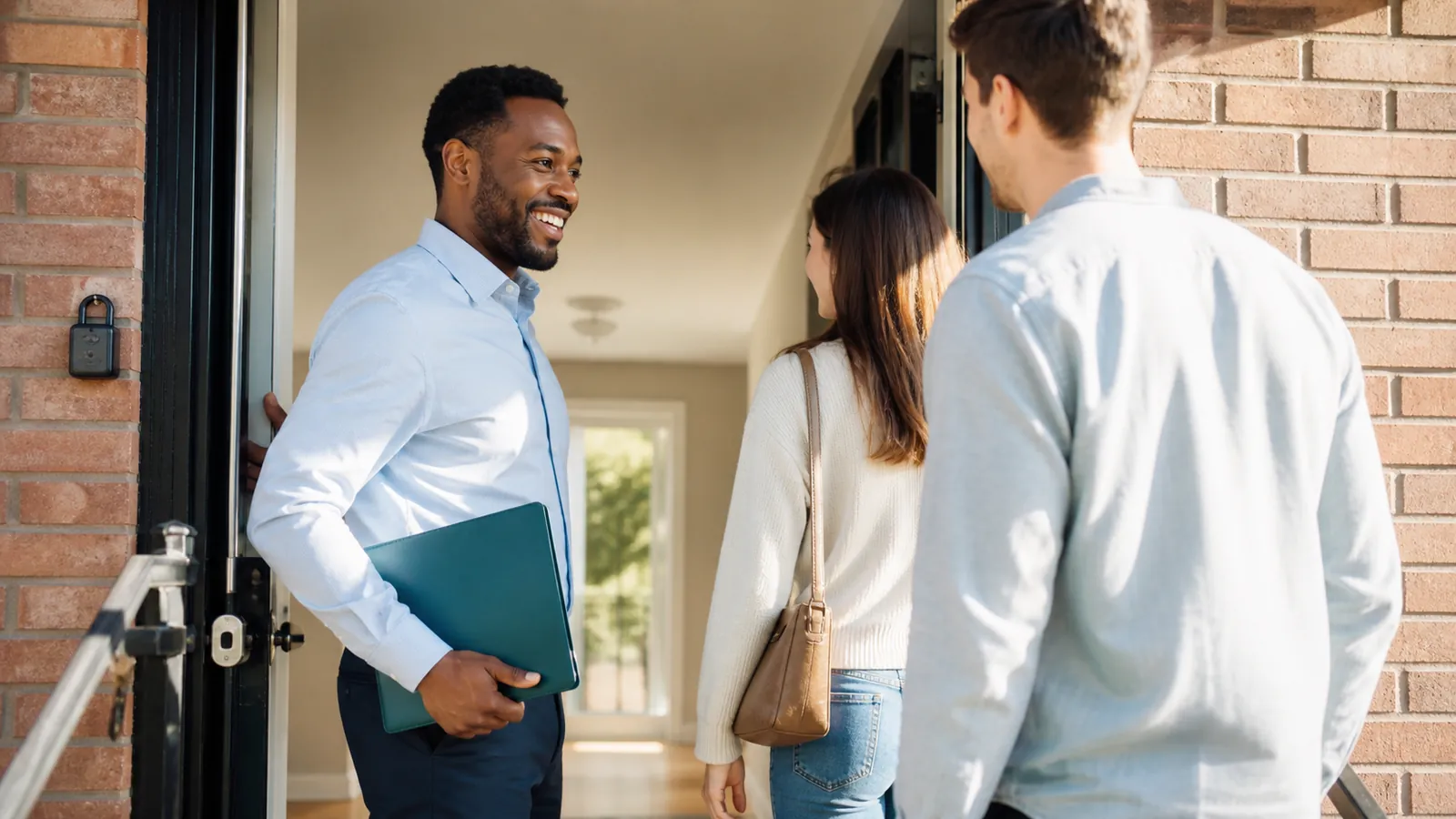 Agent with a teal folio holds a townhouse door open for a young couple stepping inside