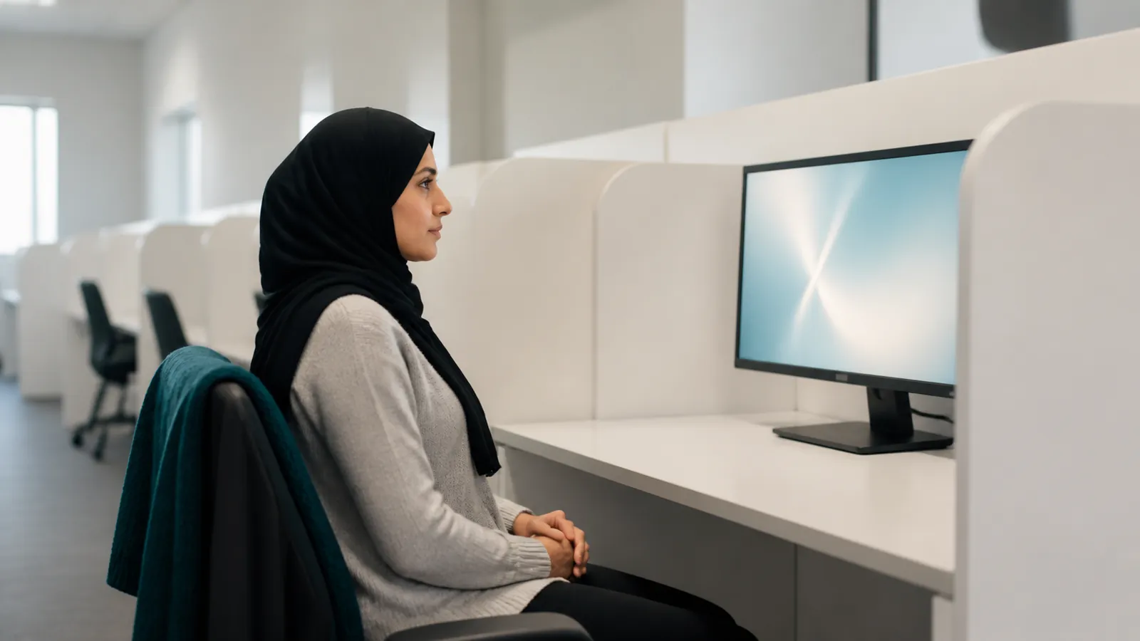 Woman sits composed before a glowing monitor in a bright testing room, teal sweater draped over her chair