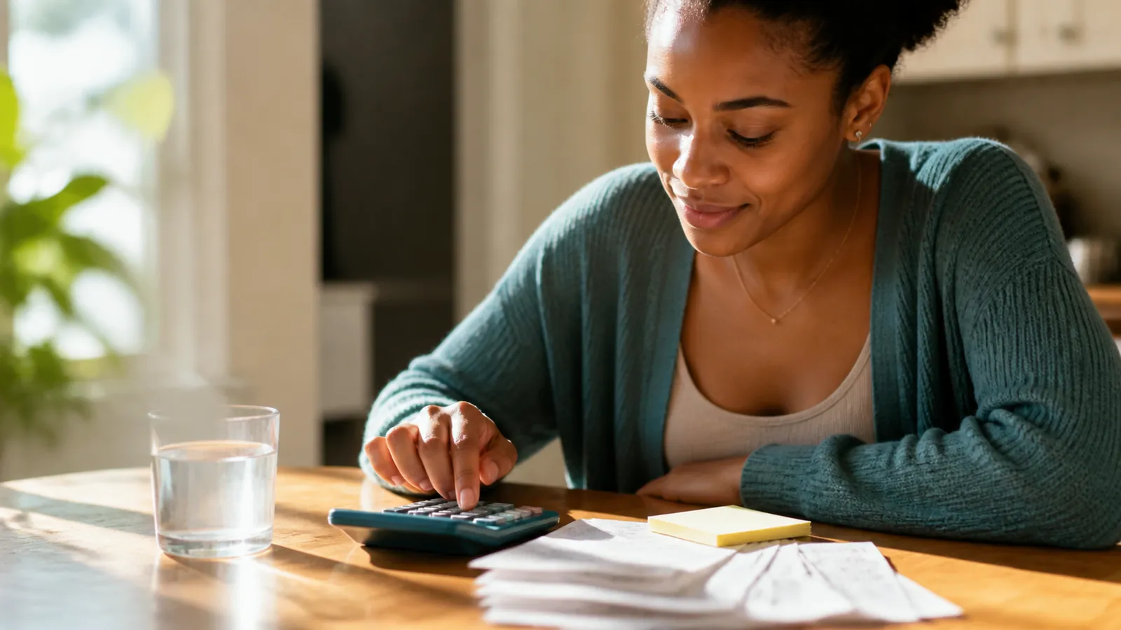 Woman totals costs on a teal calculator beside unreadable fee sheets at a bright dining table