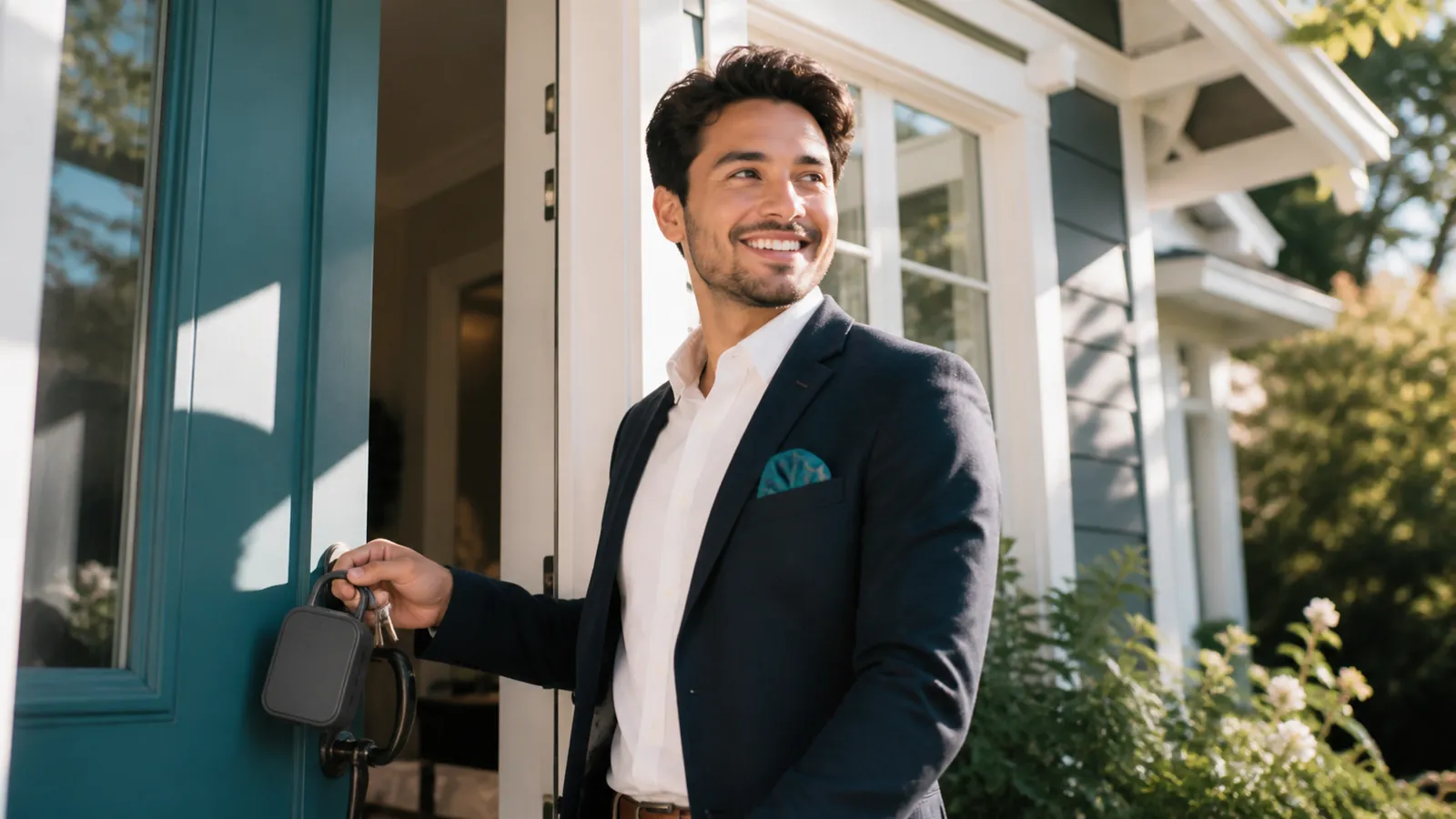 New real estate agent with a teal pocket square opening a lockbox at a sunny front door