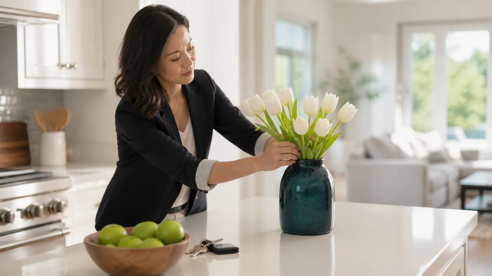 New agent arranges white tulips in a teal vase in a bright staged kitchen before an open house
