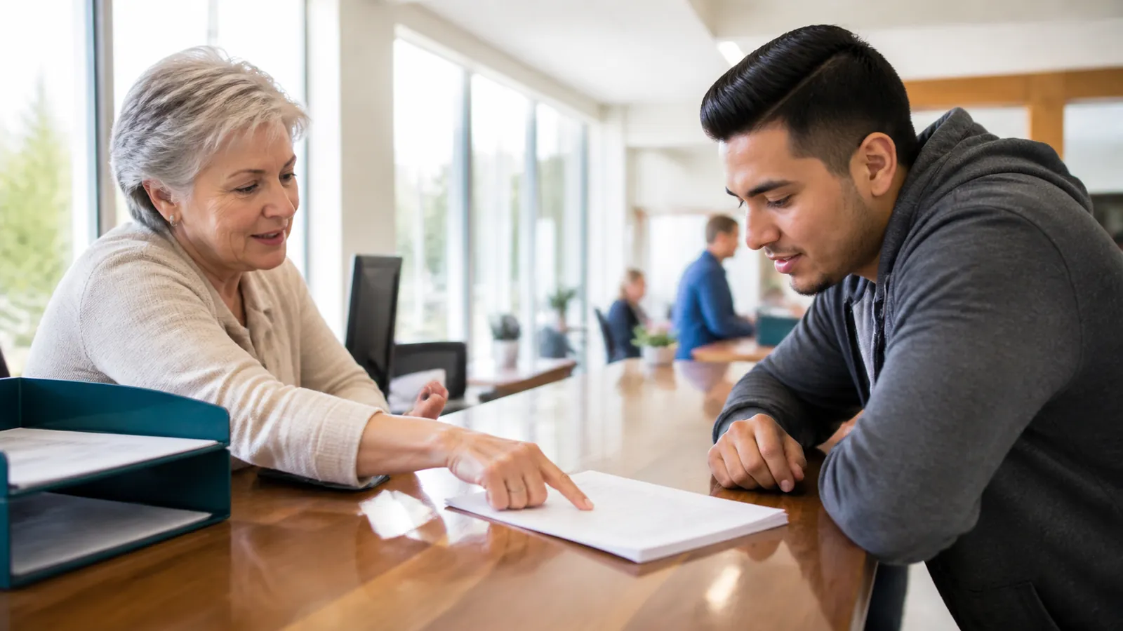 Clerk slides an unreadable printed list across a bright service counter to a young man beside a teal document tray