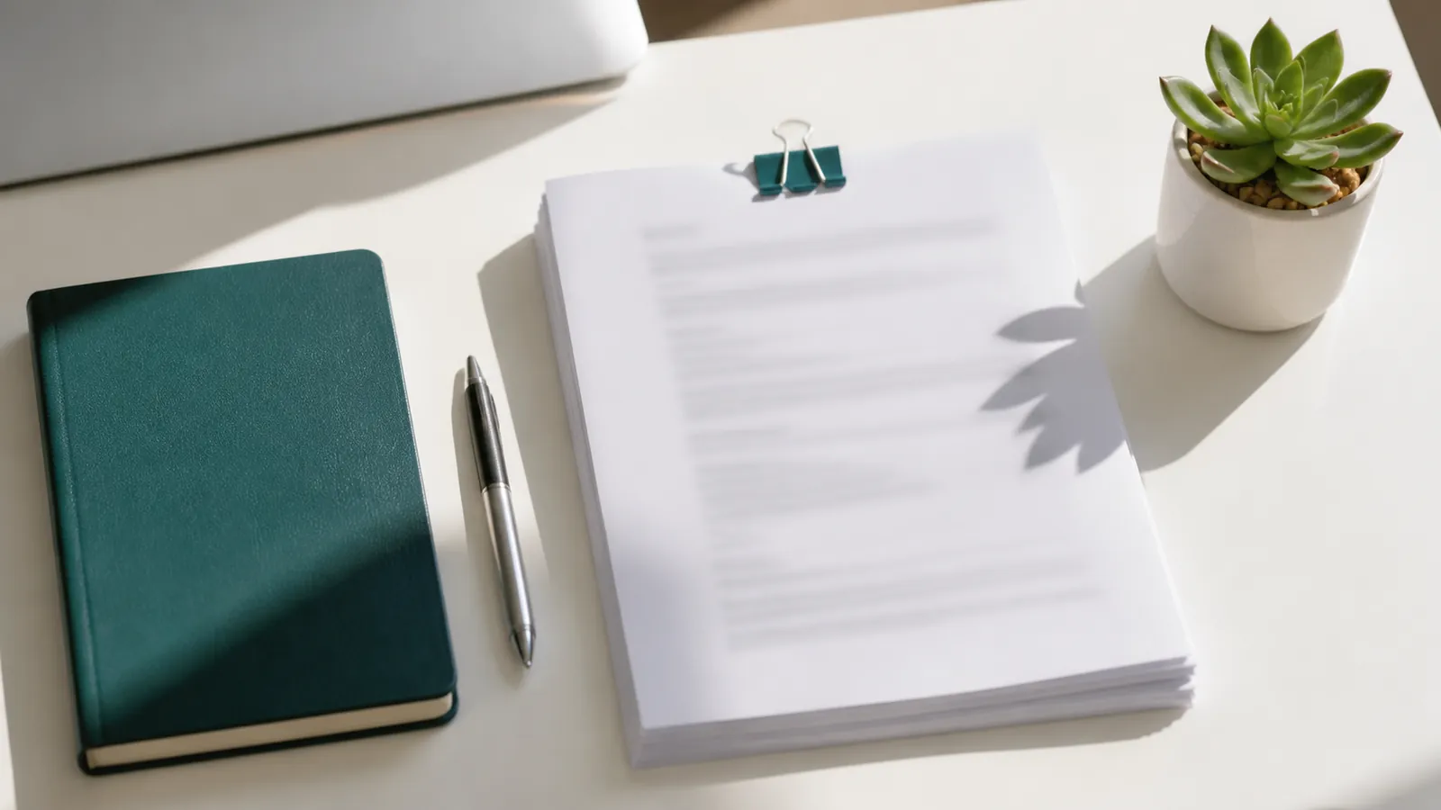 Overhead view of squared unreadable pages under a teal binder clip on a bright desk