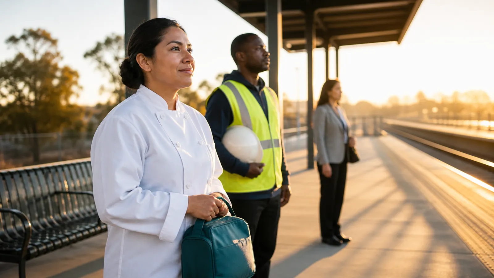 Three workers of different trades wait on a sunny platform, a chef in front holding a teal lunch bag