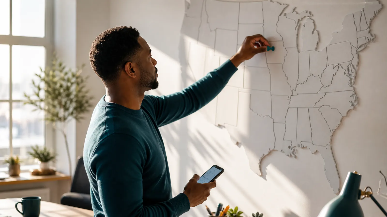 Man presses a teal pushpin into a blank unlabeled United States wall map in a sunlit home office