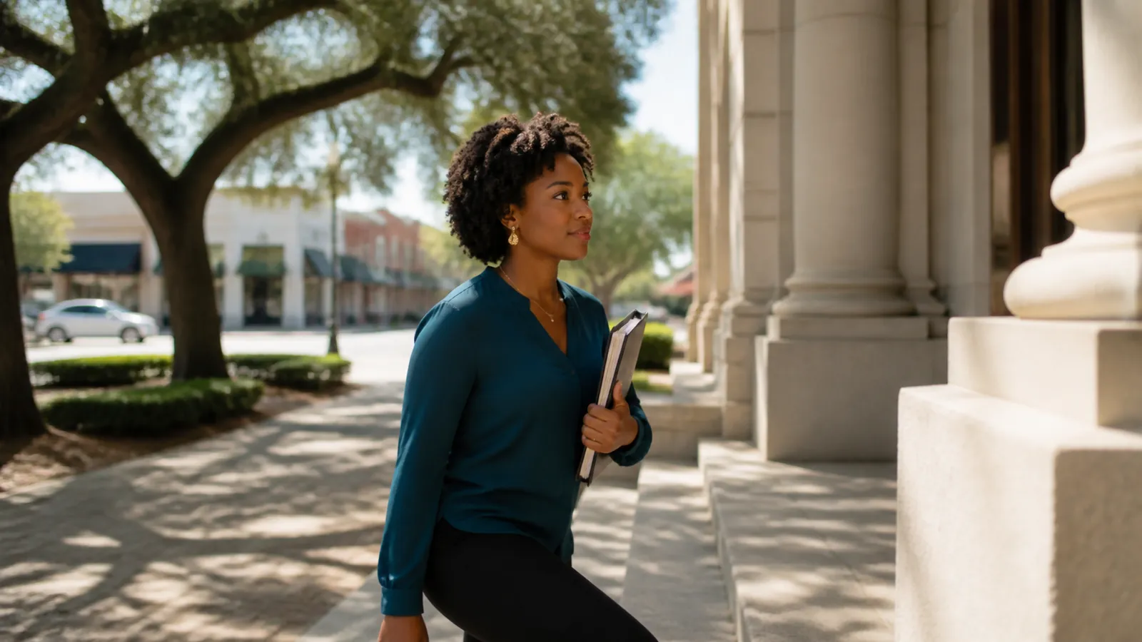 Woman in a teal blouse climbs limestone courthouse steps holding unreadable paperwork under live oak shade