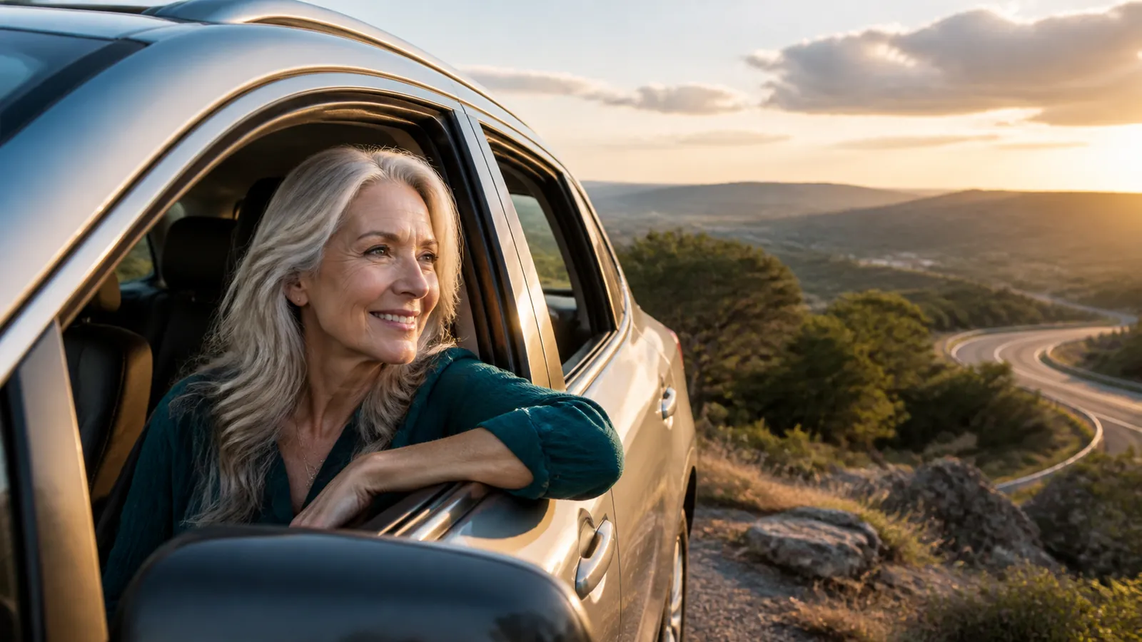 Smiling driver in teal parked at a Texas hill country overlook with a highway winding behind her