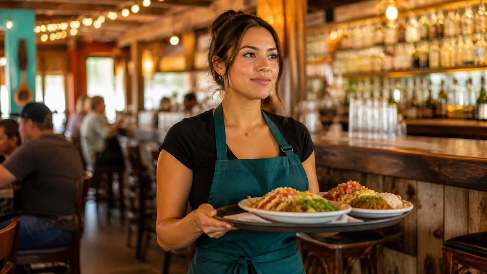 Server in a teal apron carrying Tex-Mex plates past the bar in a warm Texas restaurant