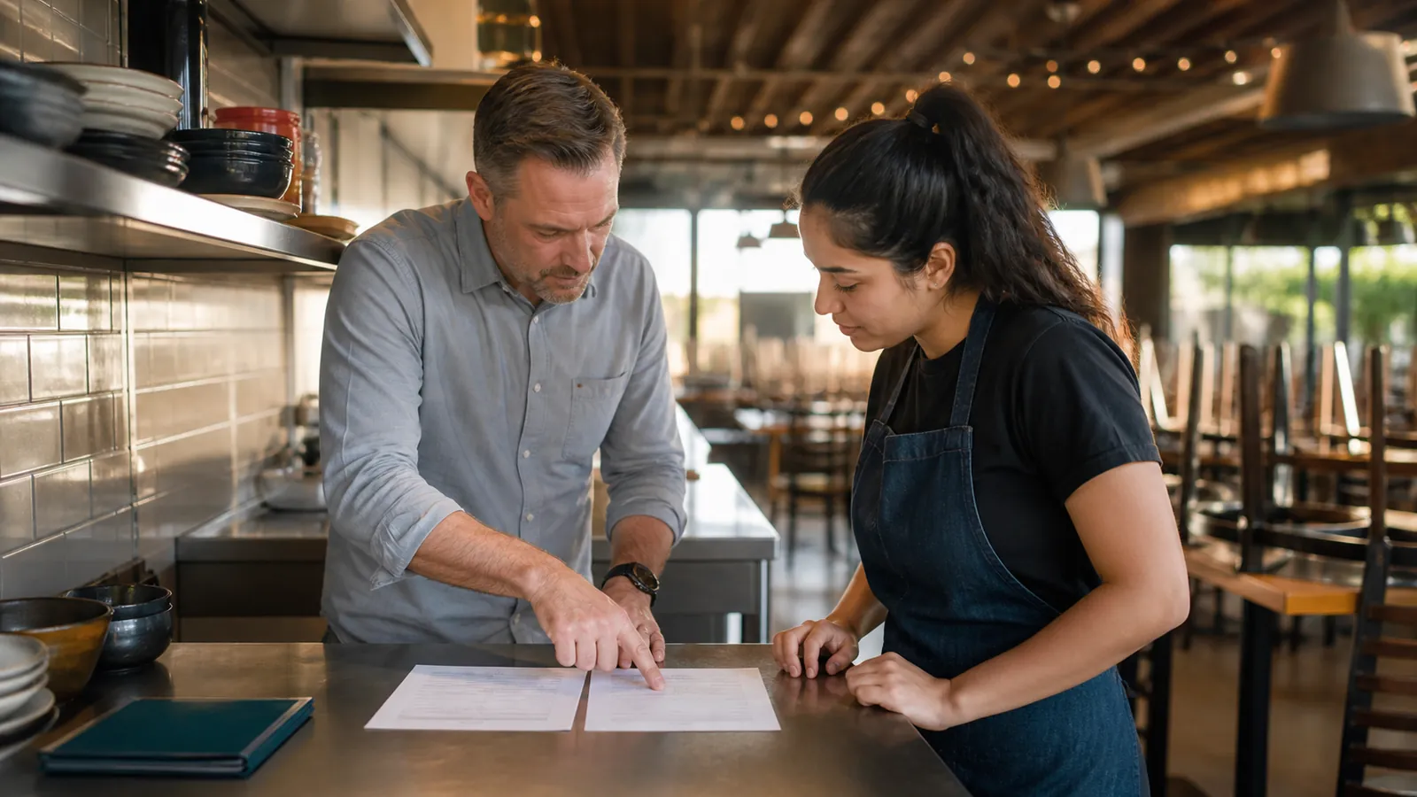 Manager shows a new hire two unreadable sheets at a restaurant pass before opening, teal server pad nearby