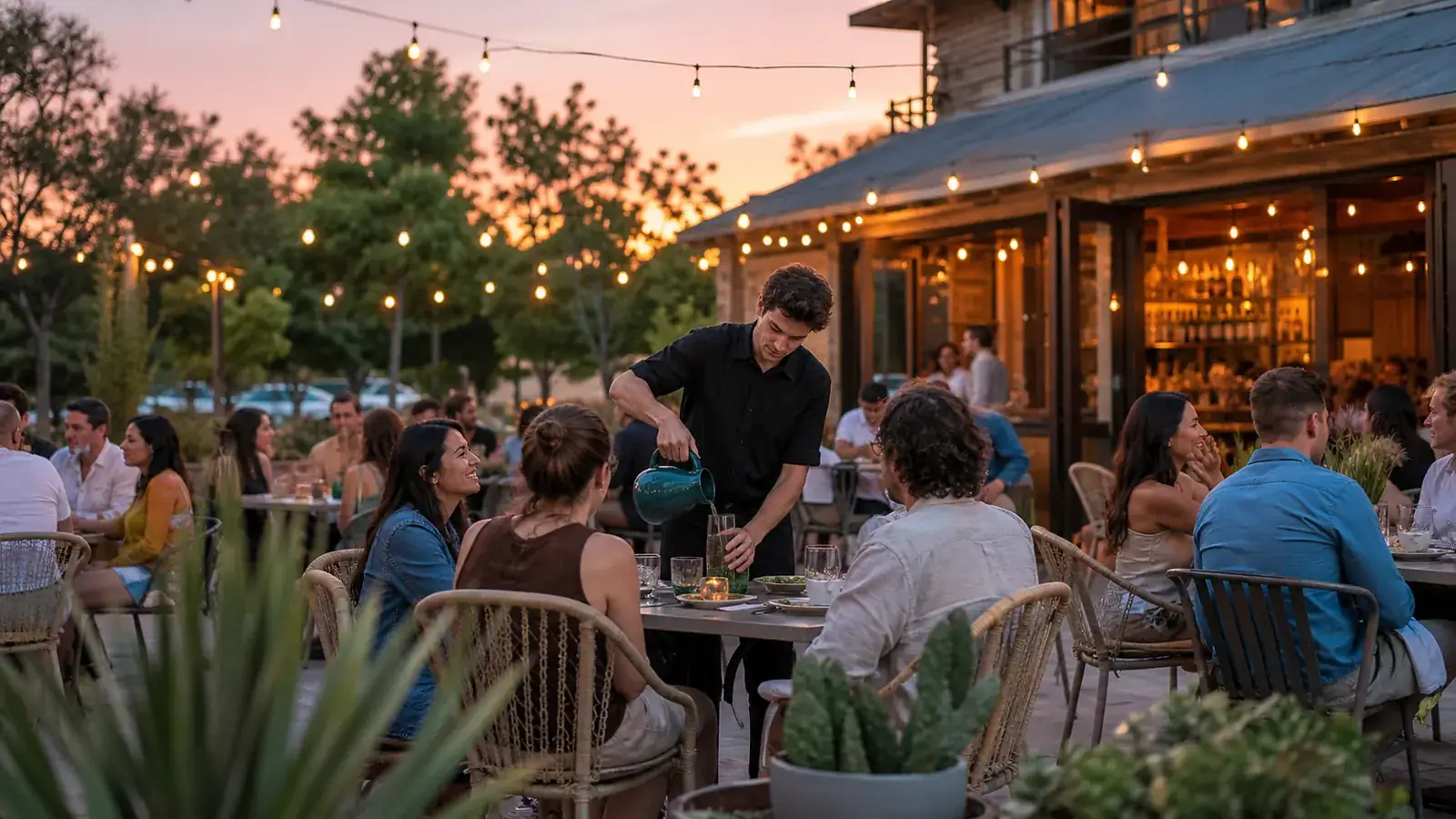 Server refills glasses from a teal pitcher on a glowing Texas patio at dusk, tables soft-focus around him