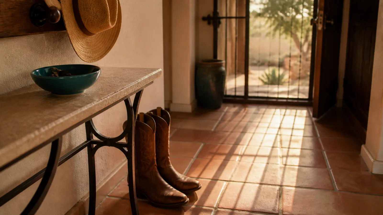 Cowboy boots, straw hat and keys in a teal bowl in a warm Texas entryway at evening