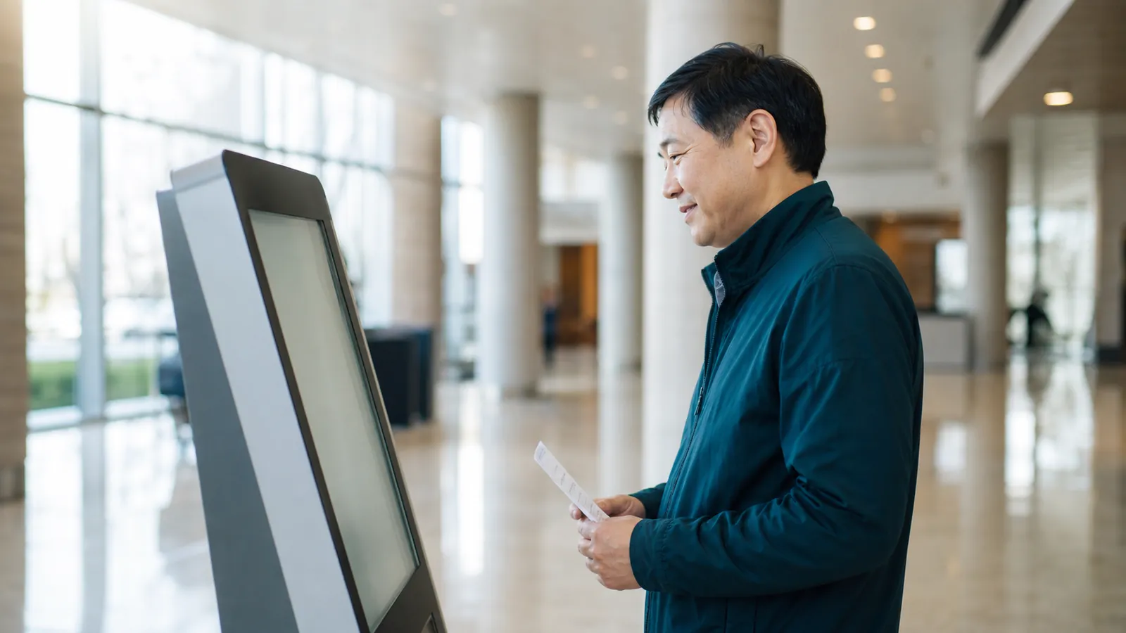 Man in a teal jacket checks a glowing self-service kiosk in a bright civic lobby, folded paper at his side